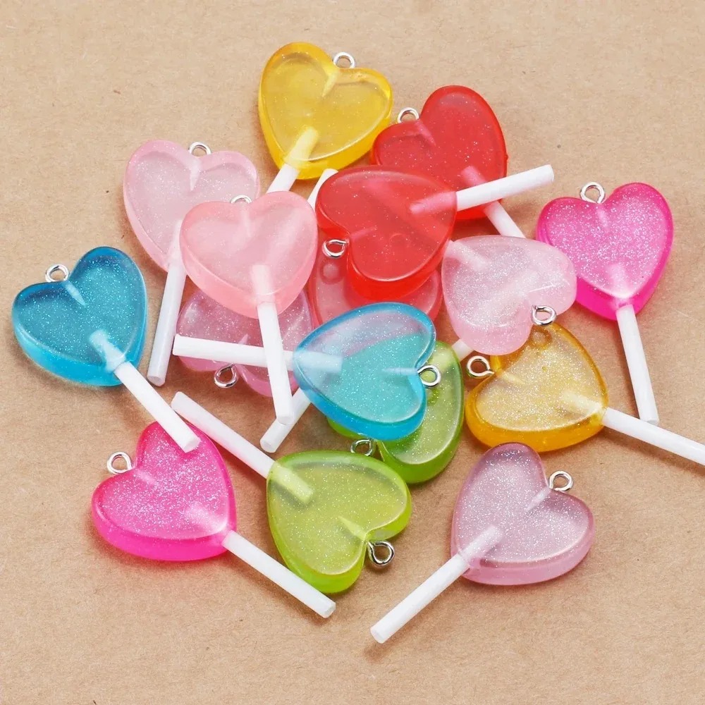 Resin Craft Material - 10Pcs Kawaii 반짝 이는 하트 롤리팝
